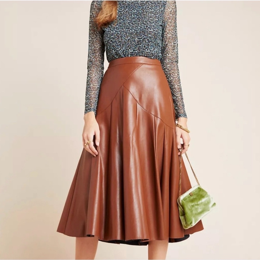 Anthropologie Chestnut Faux Leather A-Line Midi Skirt